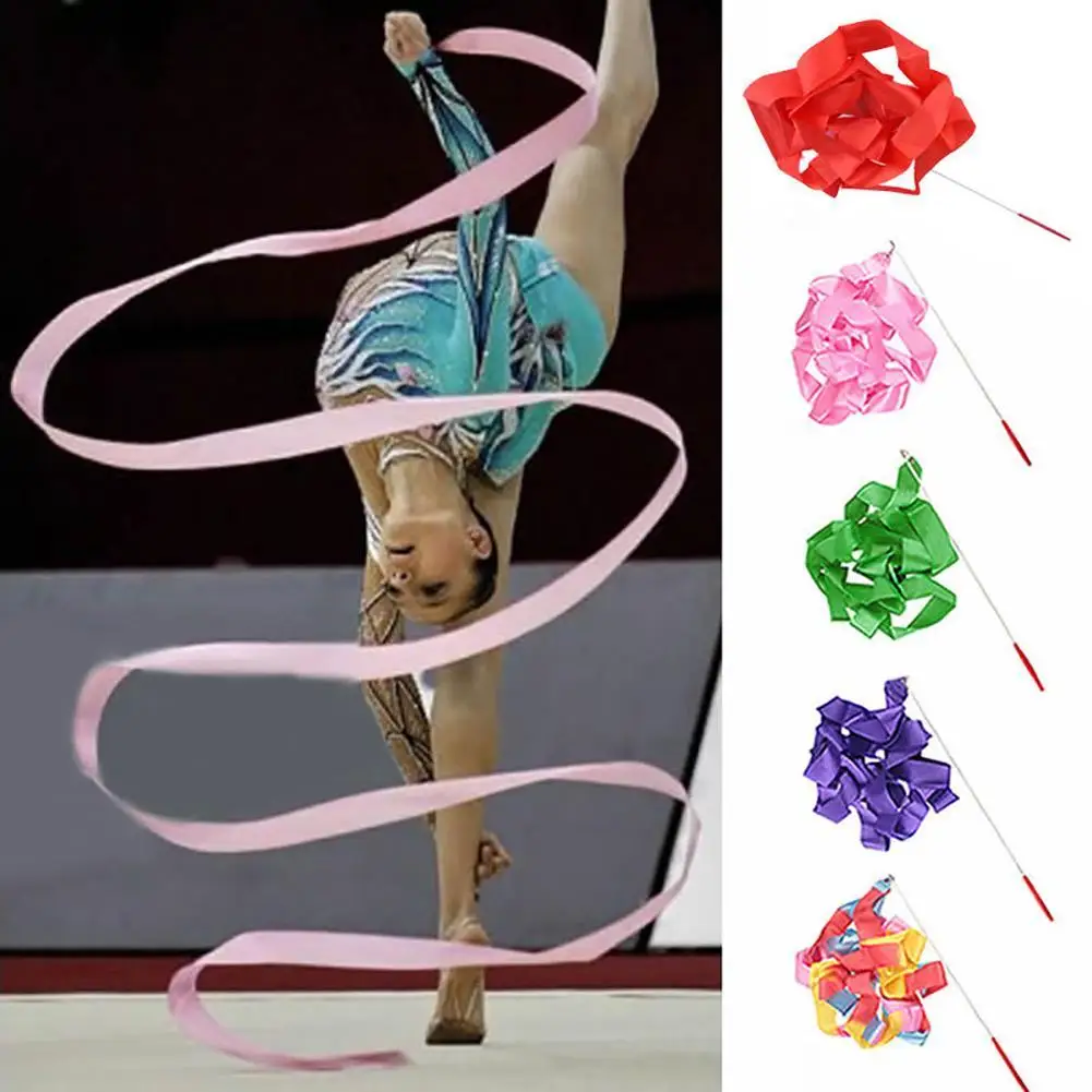 

HOT 4M Colorful Gym Ribbons Dance Ribbon Rhythmic Art Gymnastic Ballet Streamer Twirling Rod Stick For Gym Training Professional