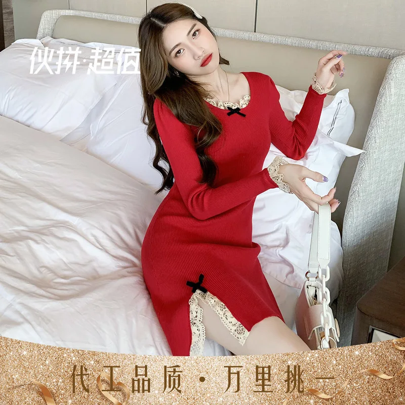 

Autumn 2020 new round neck long sleeve lace stitching waist shows thin feminine sexy knitting dress fashion