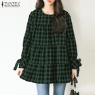 2022, стильные топы ZANZEA с оборками, женские блузки в клетку, повседневные блузы с пышными рукавами, Женская туника с круглым вырезом, рубашка на шнуровке