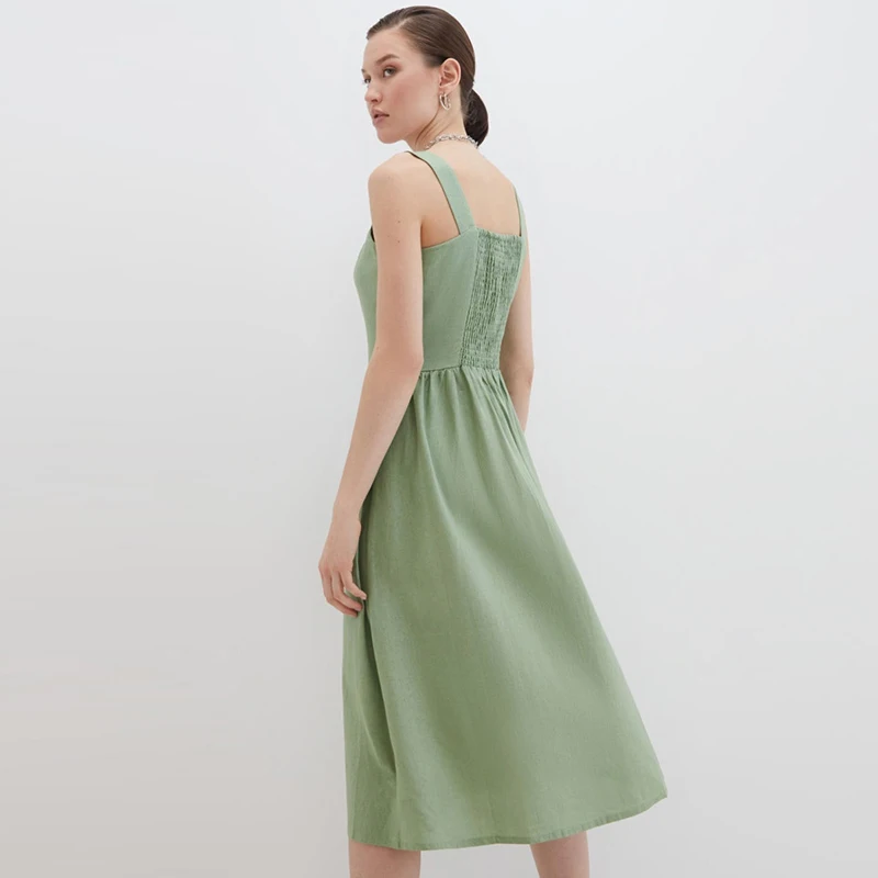 

Sleeveless Sling Midi Dress Purple Mint Green V-Neck Big Pocket Single-Breasted Dress Casual Fashion Summer Dress For Women 2021