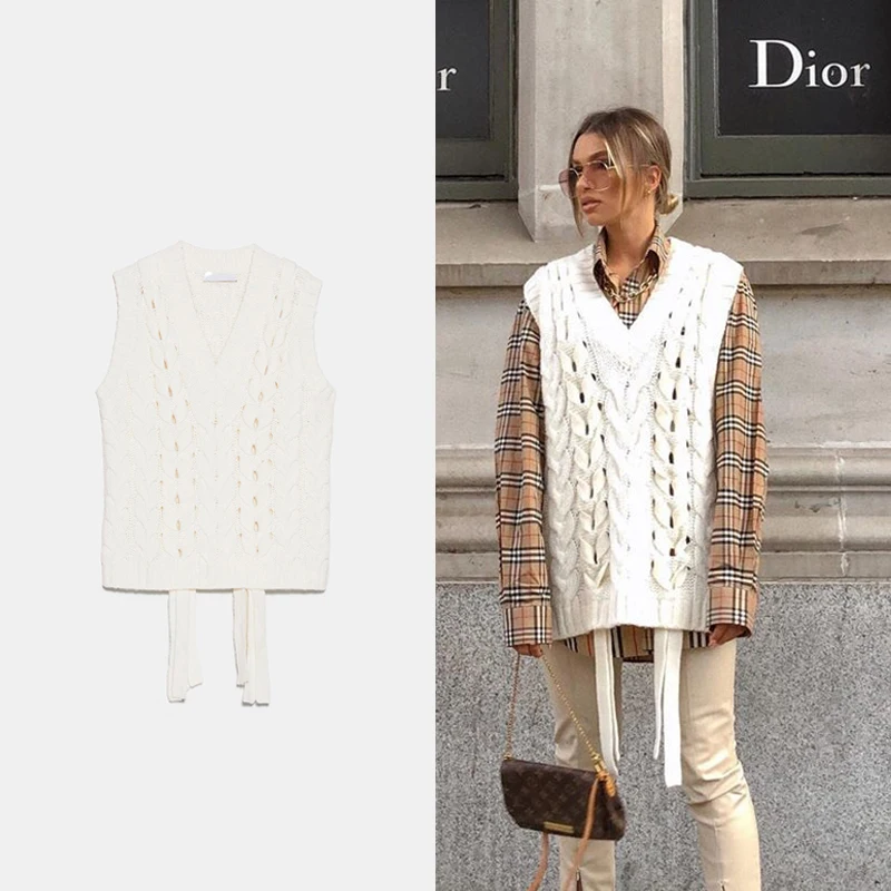 Женский Повседневный вязаный жилет ZA свободный свитер без рукавов с v образным