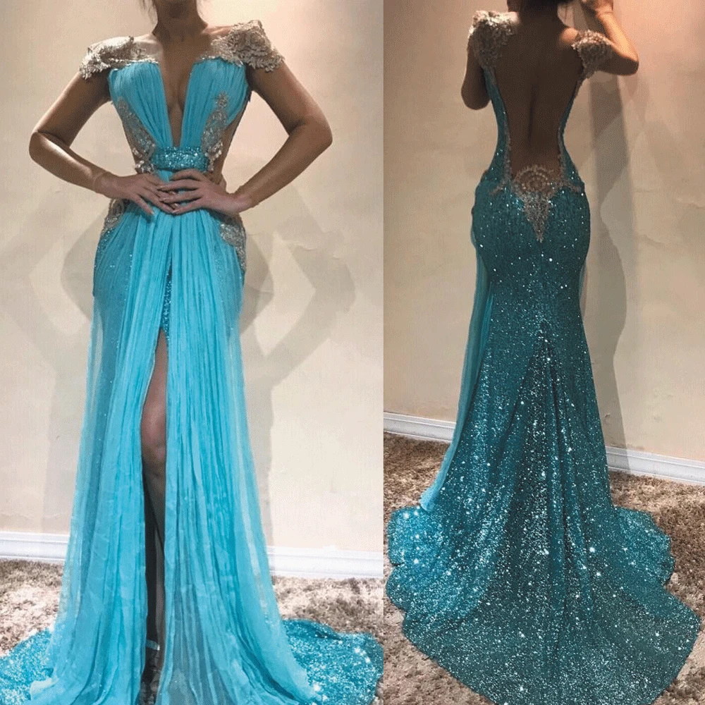 

SuperKimJo Sparkly Evening Dresses Long Vestidos De Fiesta De Noche Blue Mermaid Beaded Lace Applique Evening Gowns