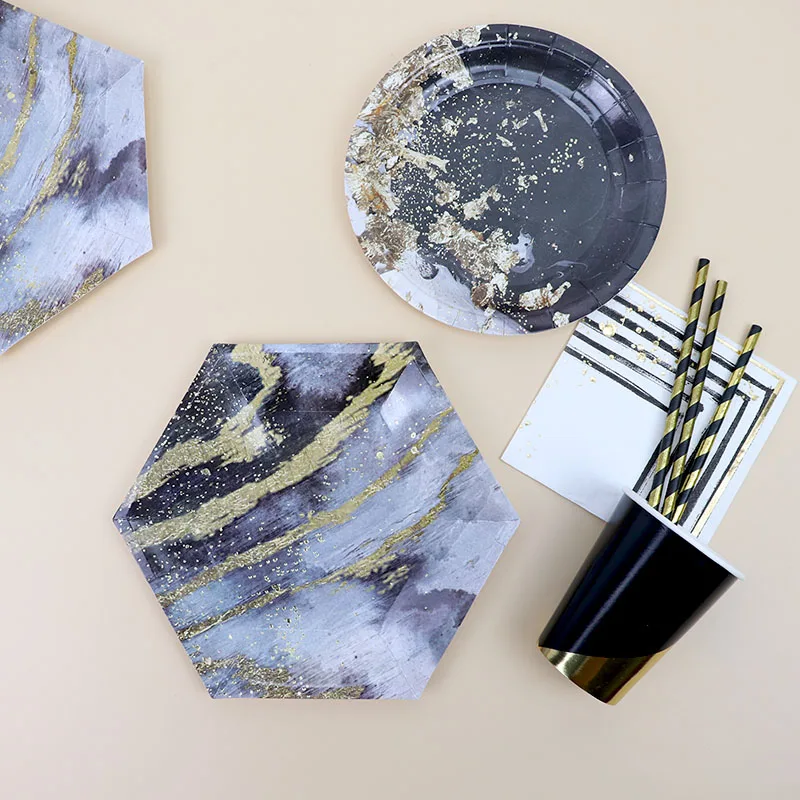 Одноразовая посуда из золотой фольги Мраморная позолота бумажные тарелки и
