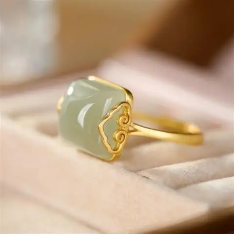 

Original S925 Sterling Silver Xiangyun Hetian Jade Lady Temperament Simple Elegant Retro Open Jade Ring Rings Ring