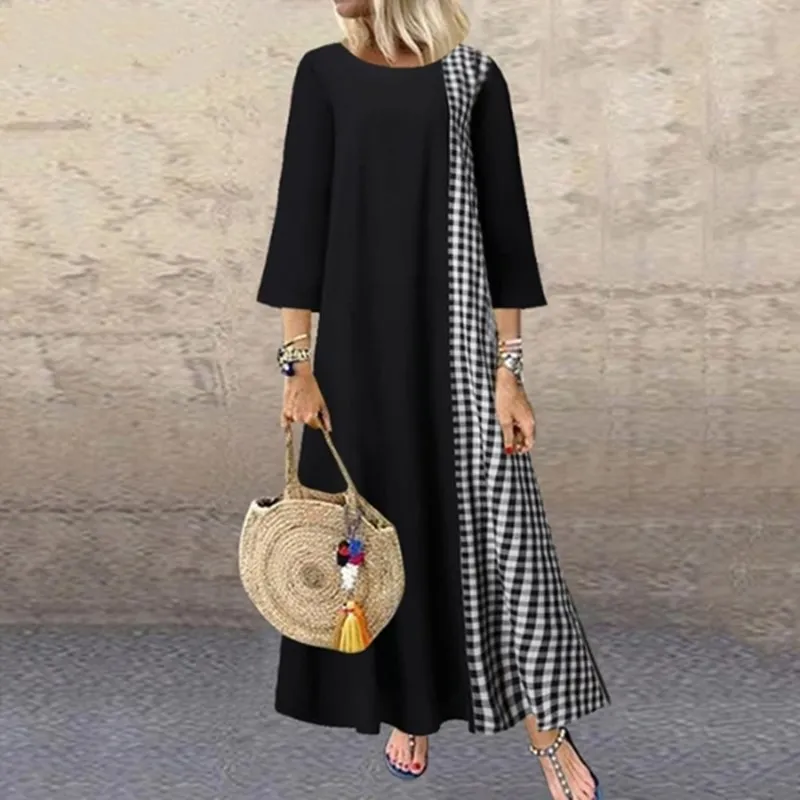 

Summer Short Sleeve Dress Women Vintage plaid Printed Pacthwork Long Sundress Casual Retro Party Vestido Femme Dresses