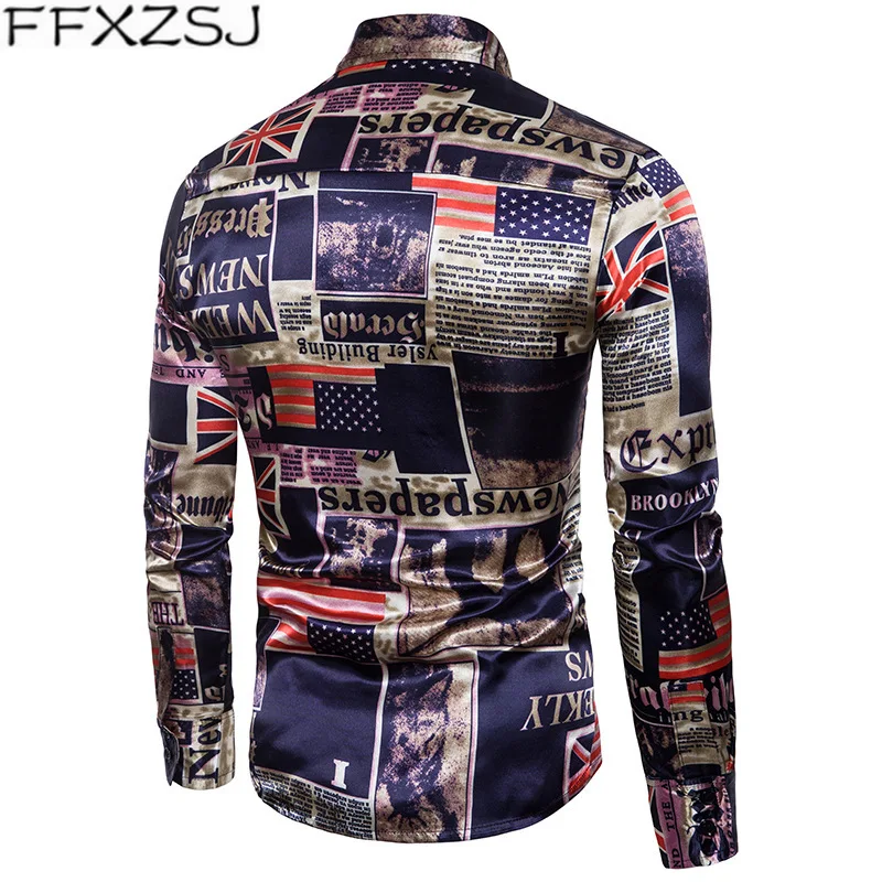 

FFXZSJ Brand Silk Shirt Men 2018 Fashion Autumn Long Sleeve Smooth Fabric Casual Flag Print Dress Shirts Camisa Masculina S-XXL
