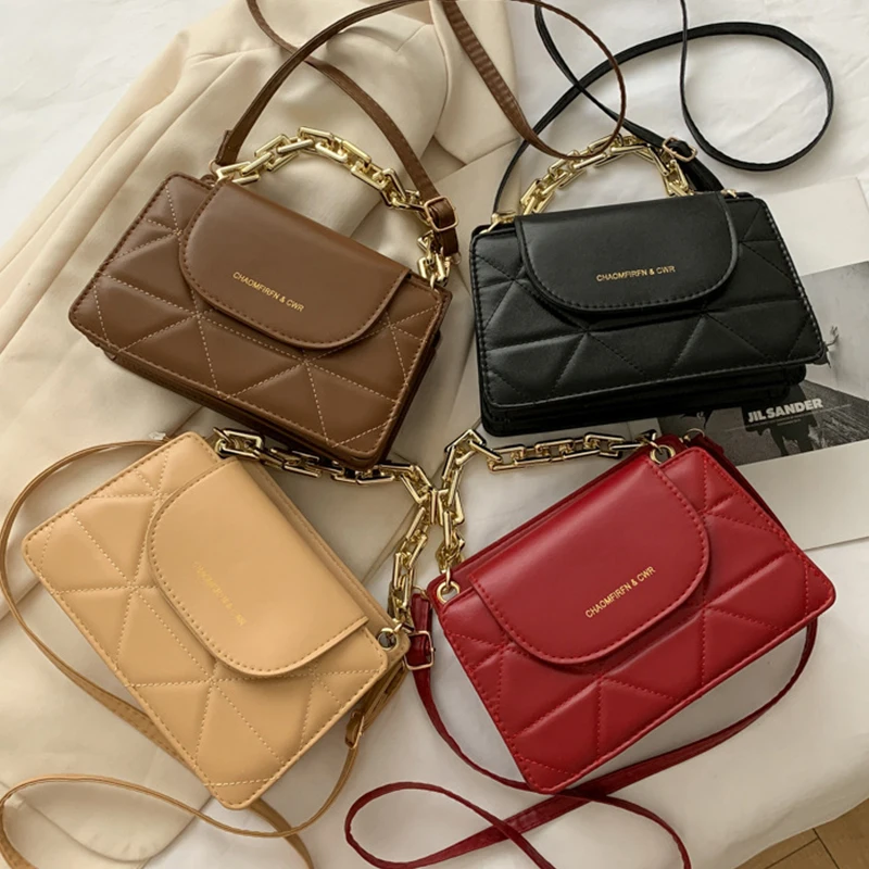 Однотонные маленькие сумки через плечо из искусственной кожи на цепочке для