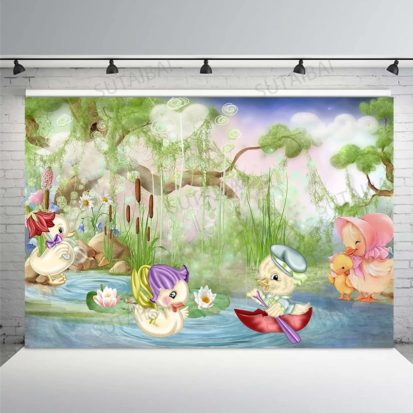 

Spring Child Party Baby Shower Pond Yellow Duck River Lake Lotus Fairy Tale Photos Studio Photo Backdrop Photography Background