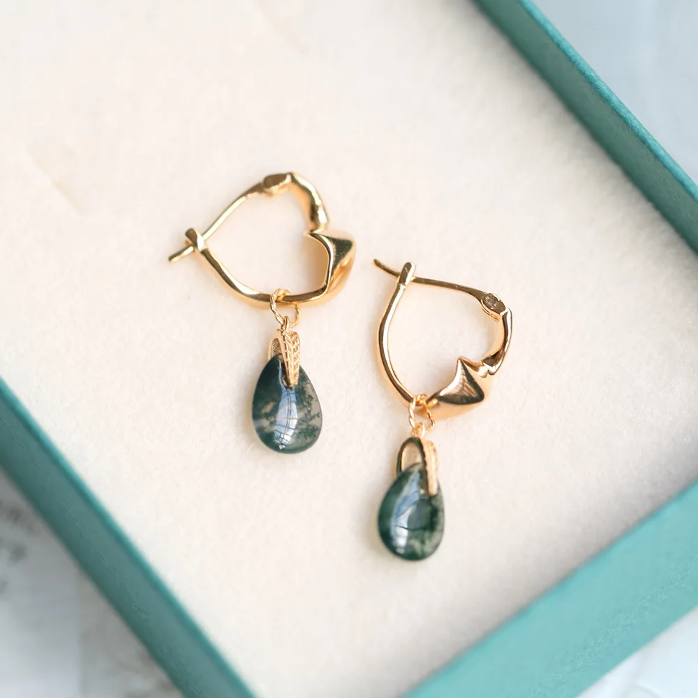 Женские серьги-подвески из серебра 925 пробы с натуральным зеленым агатом