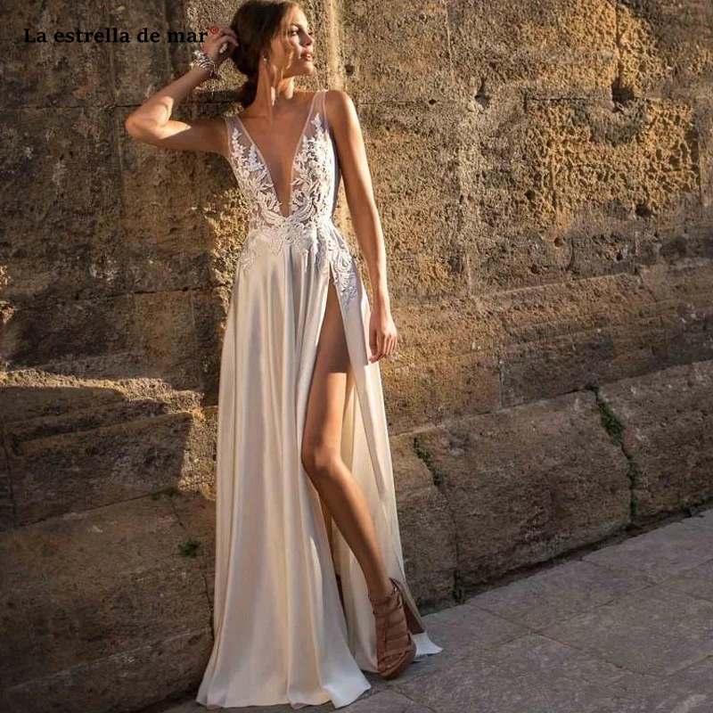 

vestido novia boho new deep V neck high slit lace silk satin A Line ivory abito da sposa long simple bridal dress custom