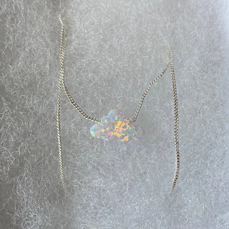 Synthetic FLUFFY CLOUD OPAL NECKLACE Iridescent Opal Jewelry with Gold Silvertone Chain Fire White Cotton Candy Cloud YJ39 | Украшения и