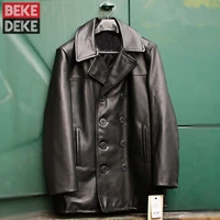 vintage military double breasted mens real cow leather jacket business work cargo coat winter padded warm genuine leather jacket