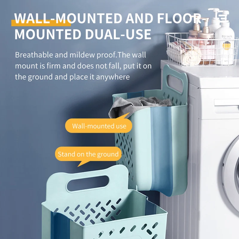 Cesta de lavander&iacute;a montada en la pared de gran capacidad, cesta de almacenamiento de ropa de ba&ntilde;o, cesta de ropa sucia plegable para el hogar-4