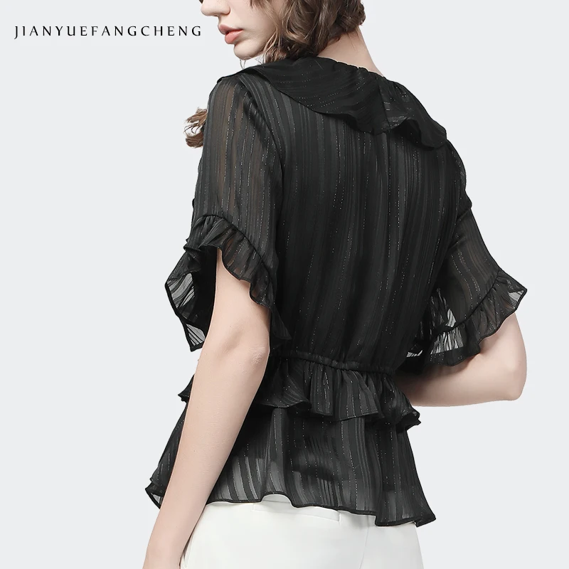 Блузка шифоновая женская с коротким рукавом и оборками черная в полоску