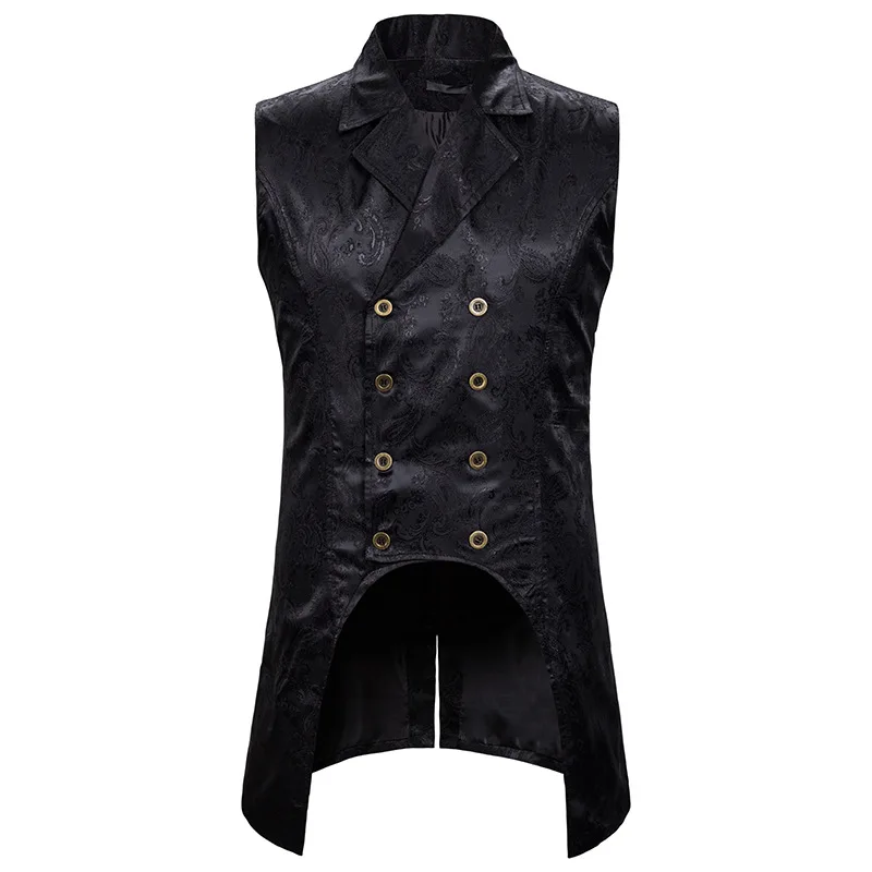 

Black Lapel Collar Sleeveless Waistcoat Men Double Breasted Steampunk Gothic Paisley Jacquard Vest Men Gilet Homme Costume XXL