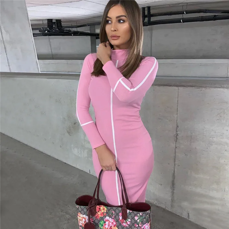 

Sexy High Neck Long Tight Dress Spring Summer Fashion Street Ladies Fitness Dress