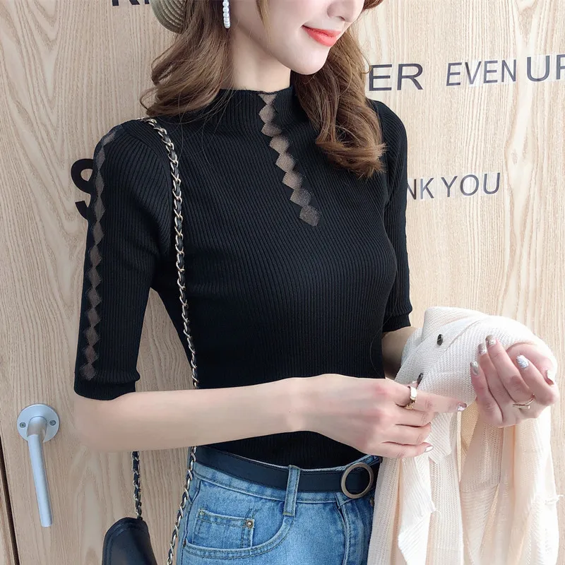 Women's Knitted Half Sleeve Solid T-shirts Girls Knitting Stretchy Turtleneck Sweater Pullovers Ice Silk Tees Top for Female 143 | Женская