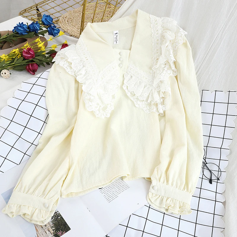 Gagarich женские блузки корейская мода кружева шить Питер Пэн воротник полный