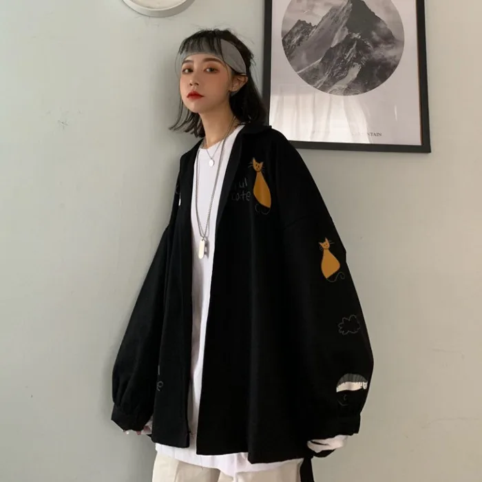 

Harajpoo Women Jacket 2021 Spring Autumn Korean INS Trendy Hip-Hop Ladies Loose Harajuku BF Style Cartoon Printing Tooling Coats