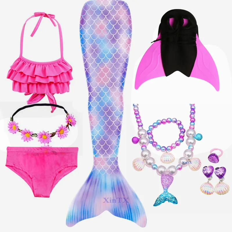 

Kids Mermaid Swimsuit Girls With Flipper Monofin Bikini Girls Mermaid Tail Fin with Garland Necklace Clothing Swimwear
