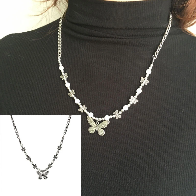

Elegant Butterfly Pendant Women's Stylish Gothic Clavicle Chain Trendy Personality Punk Imitate Pearl Necklace Jewelry As Gifts
