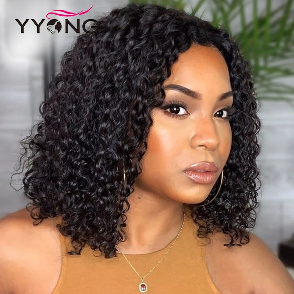 

YYong 13x4 Kinky Curly Lace Front Bob Wig Glueless Human Hair Lace Front Wigs Jerry Curl Short Bob Wig Natural Color 150 Density
