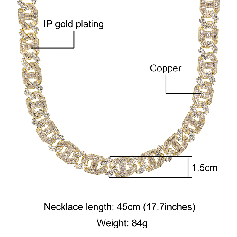 Gold Necklace Hip Hop 15MM Heavy Miami Baguette Zircon Iced Out Cuban Link Necklace AAA CZ Prong Setting Necklaces Hip Hop Jewelry 18'' 24'' - Окраска металла: Gold Necklace