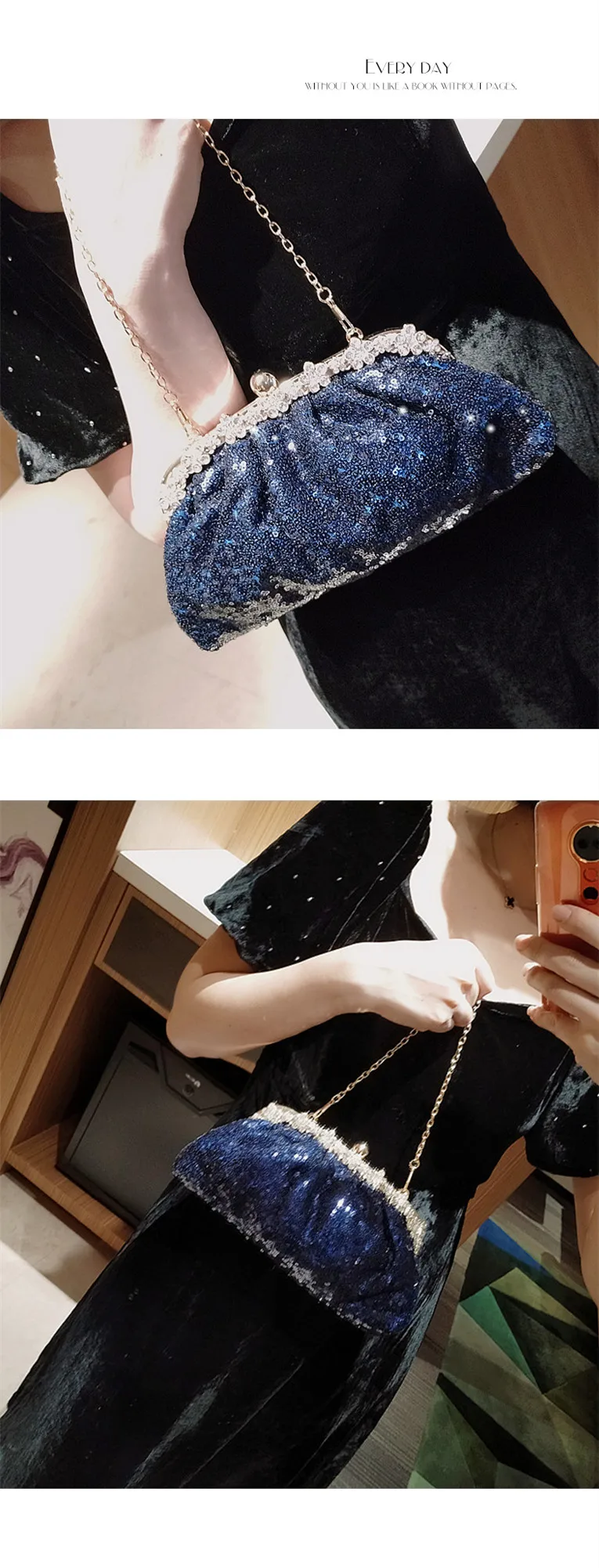 

Ladies 21 new blue beaded rhinestone buckle clutch bag ladies banquet bag female chain bag sequin bag shoulder bag messenger bag