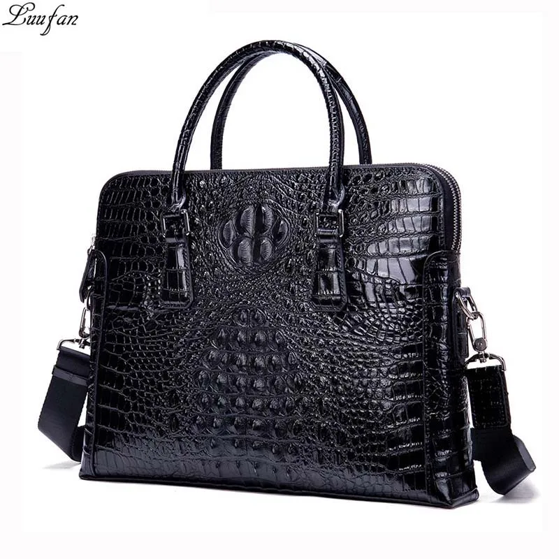 Luufan New Brand Men's Briefcase Crocodile Pattern Genuine Leather 14 inch Laptop Business Handbag Cowhide Male Office Bag Black