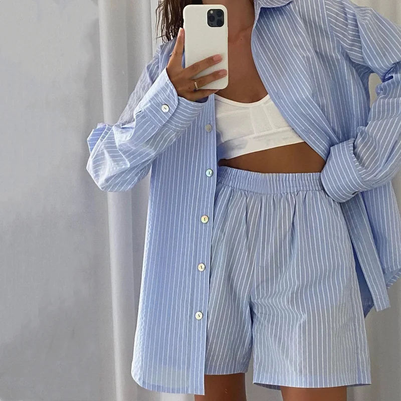 

Summer Women Long Sleeve Striped Shirt Shorts Lounge Wear Suit High-Waist Loose Shorts 2 Piece Set 2021 Ladies Tracksuits Sets
