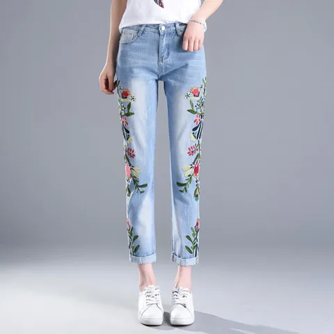 2023 New embroidery jeans women's High waist loose retro Straight pants Female Spring summer Casual embroidered cowboy pants