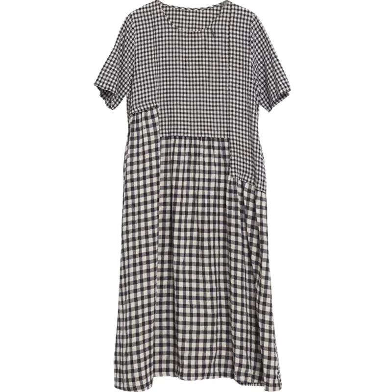 

2020 Summer New Loose Plaid Dress for Maternity Pregnant Women fashion irregular Patchwork cotton and linen Short Sleeve Dresses