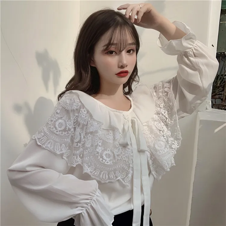 Милые рубашки с оборками для девочек Женские бежевые блузки и воротником