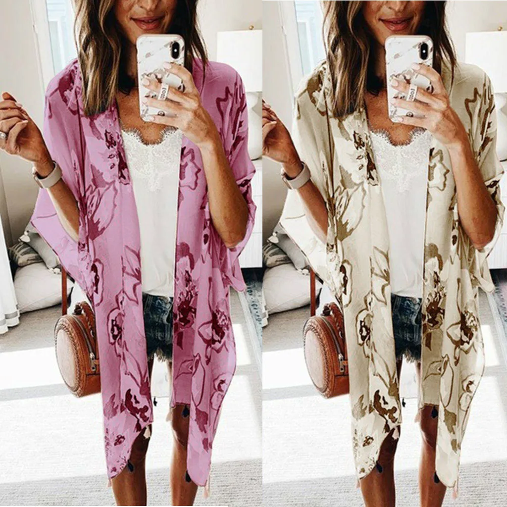 Женский асимметричный кардиган с цветочным принтом шифоновый кимоно