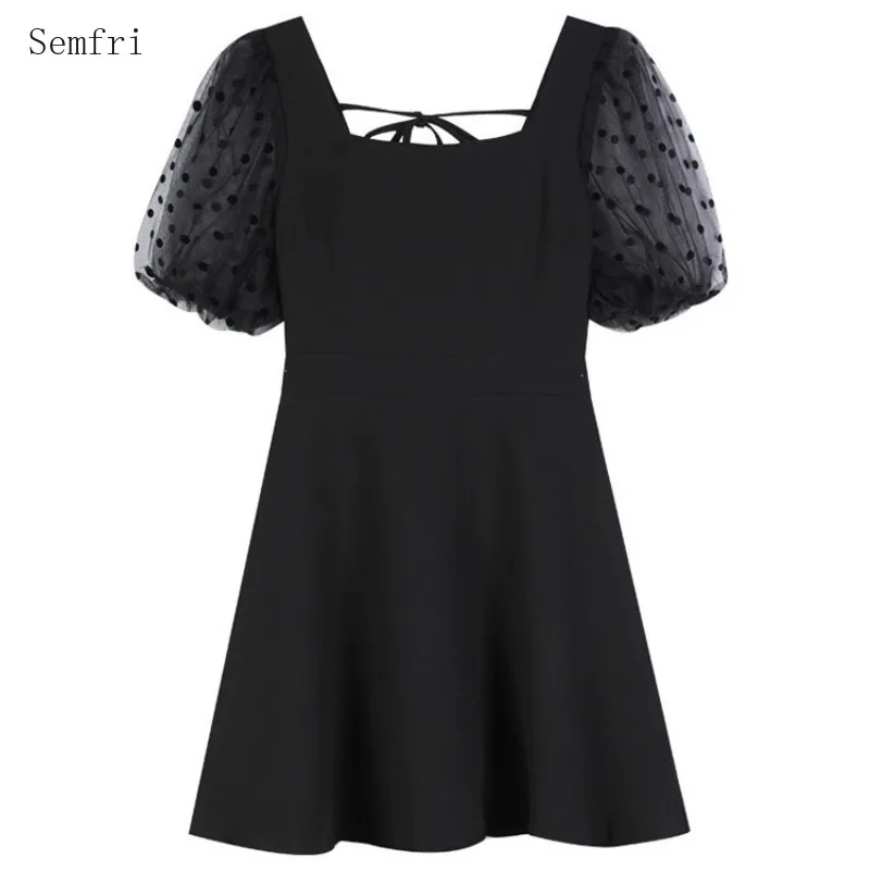 

Semfri Dress Women 2020 Summer New French Style Dresses Waist Slimming Temperament Mesh Stitching Black Dating Chiffon Dress