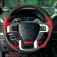 diy black red perforated leather steering wheel hand sewing wrap cover fit for ford f 150 xl xlt 2015 2020 f250 2015 2020