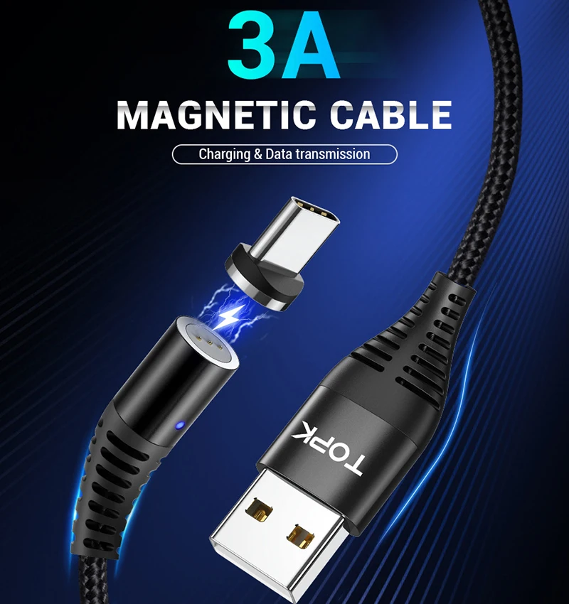 Магнитный кабель Micro USB Type C TOPK для iPhone освещения 1 м 3 А провод быстрой зарядки