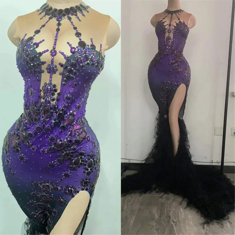 

Evening Party Birthday Prom Slit Trailing Dresses Women Purple Rhinestones Sleeveless Floor-length Dress Singer Model Costume