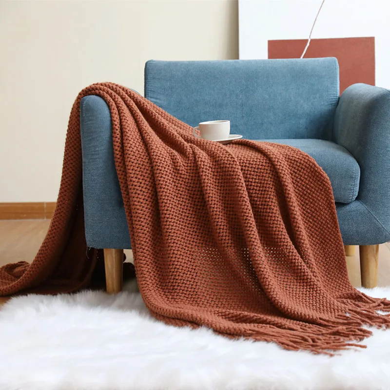 Вязаное одеяло в скандинавском стиле объемное для кровати декоративное из ниток