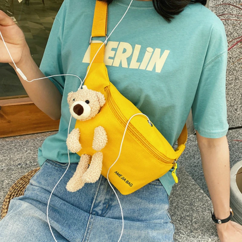 

New fashion female bear canvas bag cute student chest bag wild shoulder messenger waist bag