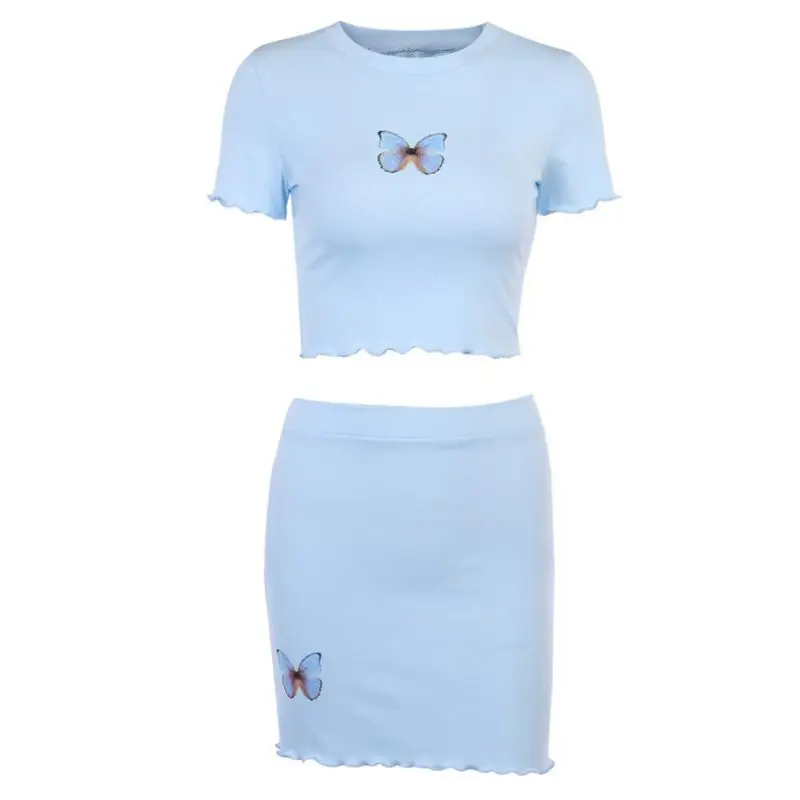 

Women Butterfly Printed Outfits Set Short Sleeve Ruffles Crop Top Pencil Skirt F42F