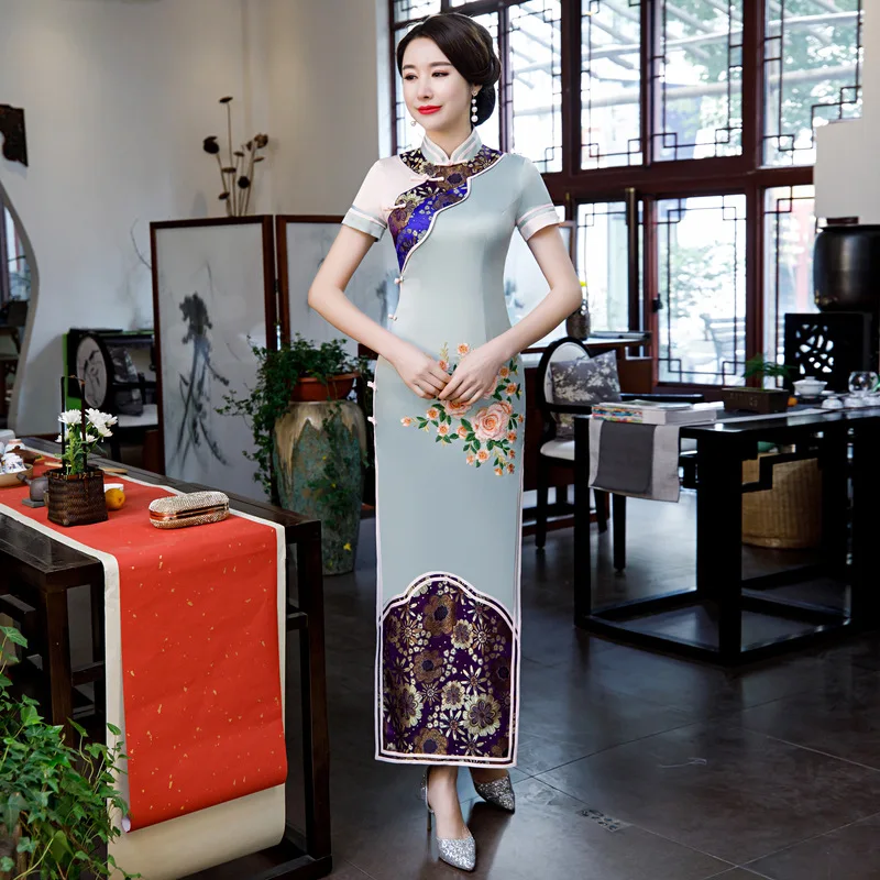 

Novelty Print Floral Women Cheongsam Skirt Chinese Style Satin Long Chinese Dress Qipao Plus Size 4XL Split Banquet Gown