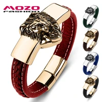 mozo fashion stainless steel charm magnetic multi color unisex lion bracelet genuine leather braided trendy jewelry gifts 060
