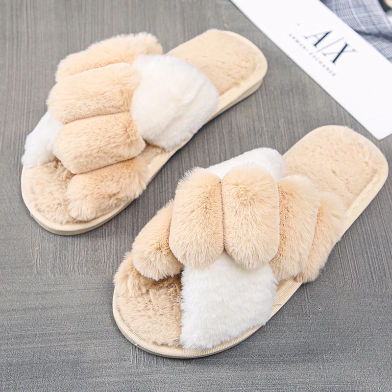 

Women Warm Fluffy Slippers Cozy Faux Fur Cross Indoor Floor Slides Flat Soft Shoes Lady Female Comfortable Quality Flip Flop