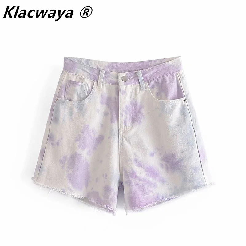 

Klacwaya Za Purple Tie Dye Denim Shorts Female Summer 2021 High Waist Bermuda Short Jeans Fashion Seamless Hem Casual Shorts
