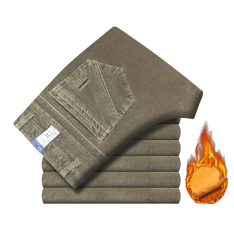 Осенне зимние теплые мужские Стрейчевые вельветовые брюки свободные прямые