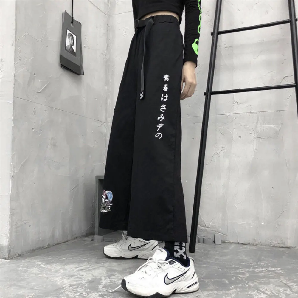 

ZOTTSOZ Korean Harajuku Cartoon Anime Pants Women Fashion Loose Casual Sweatpants High Waist Wide Leg Trousers With Belt Female