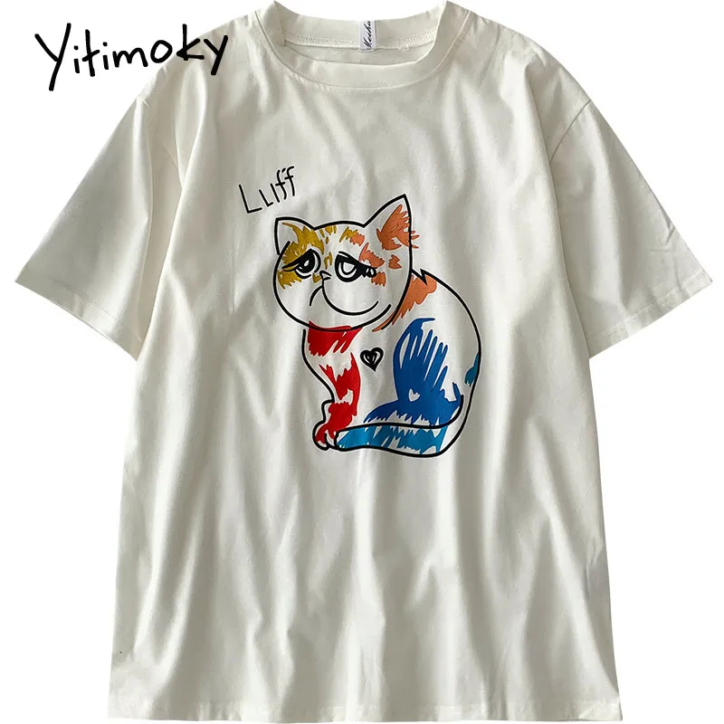

Yitimoky Graphic Cartoon Funny T Shirts Women Short Sleeve Loose Casual Tops Solid Shirt O-Neck Simply Style 2021 Summer New