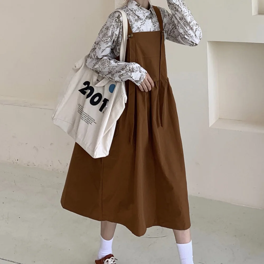 

2021 Japanese Korean Version Strap Dress Spring Summer Fashion Loose Casual All-match Pocket Solid Color