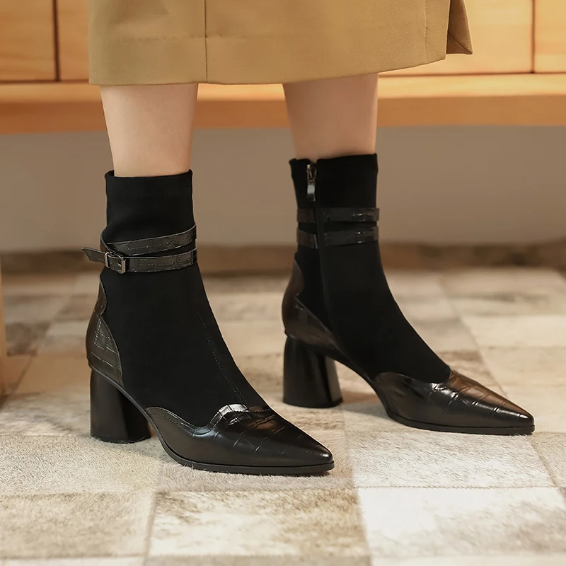 

Vintage Genuine Leather Women Ankle Boots Fashion poined Toe Thick Heels Pumps Winter Retro Casual Party Shoes Woman